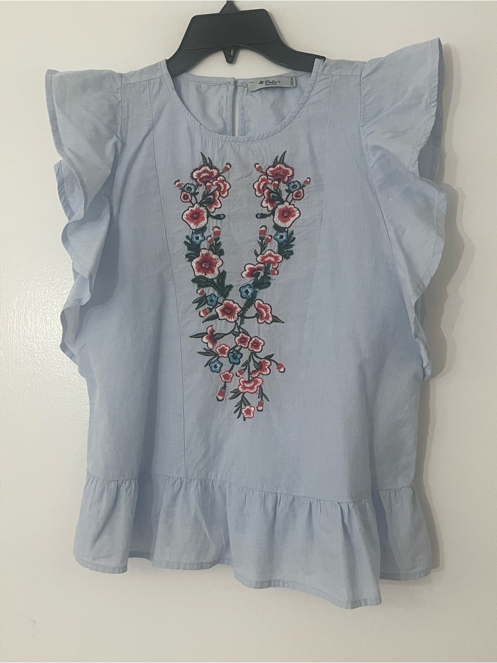 Embroidered Floral Ruffle Sleeve Blouse in Light Blue
